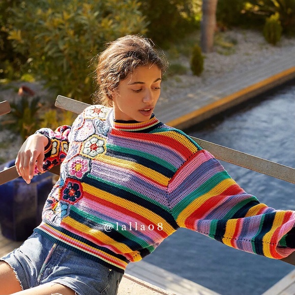 FARM Rio Flower Stripe Crochet Sweater In Blue Lyst